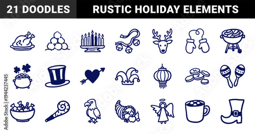 Hand-drawn holiday and seasonal celebration elements for festive branding. Rustic, naive marker sketch illustrations of global festivals and events.
