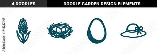 Hand-drawn spring and easter elements for rustic brand identity. Naive marker sketch featuring flower, nest, hat, and egg concepts.