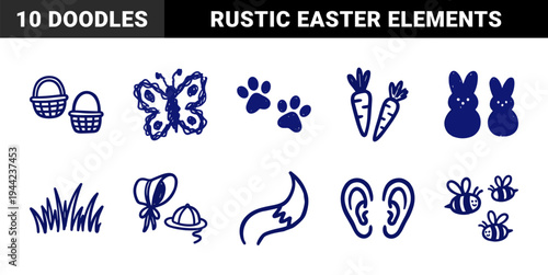 Hand-drawn spring and easter holiday elements for rustic brand identity. Naive marker sketch illustrations featuring bunny, carrots, and garden nature concepts.