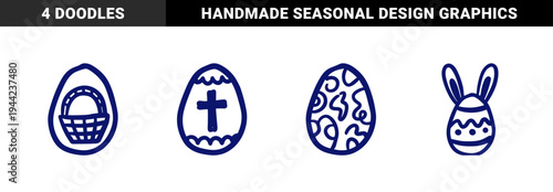 Hand-drawn Easter eggs and seasonal celebration elements. Rustic naive marker sketch featuring religious cross, bunny ears, and gift basket.