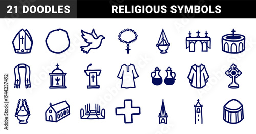 Catholic church liturgical elements for religious branding. Hand-drawn navy blue doodle illustrations featuring christian worship and mass symbols.
