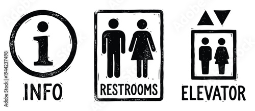 Information signs for restrooms elevator and info point with textured black finish