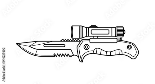 Tactical Folding Knife with Integrated Flashlight and Scope Mount - Black and White Line Art