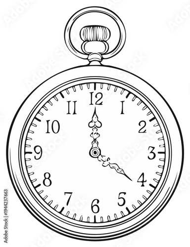 Antique Pocket Watch Illustration Showing Four O'Clock, Timekeeping Art Line Drawing, Isolated