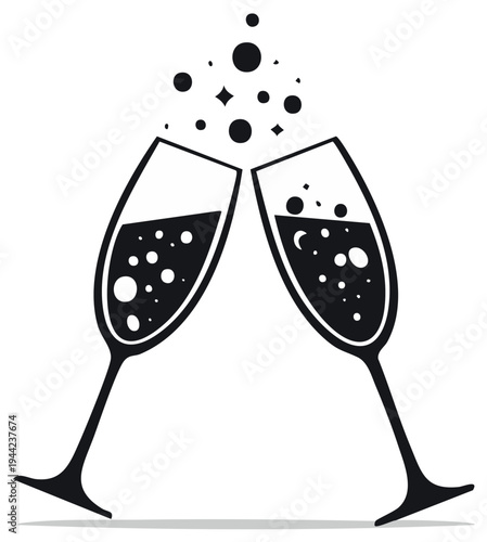 Two Champagne Glasses Clinking Together Celebrating Toast Bubbles Overflowing