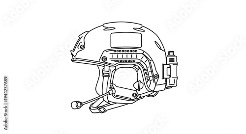 Tactical Helmet with NVG Mount and Microphone - Line Art Illustration