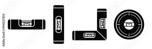 Set of spirit level icons in black silhouette on transparent background