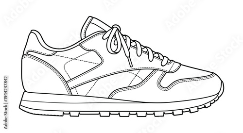 Athletic sneaker shoe outline illustration with detailed stitching and laces design