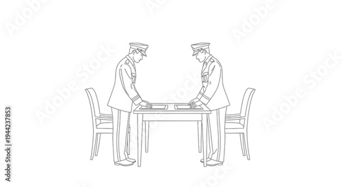Two officers in uniform discussing documents at a table, formal meeting, collaboration, official business