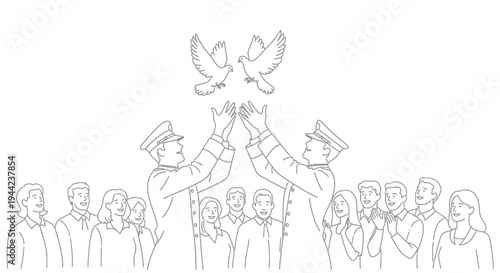 Two officers release doves over a crowd, symbolizing peace and unity.