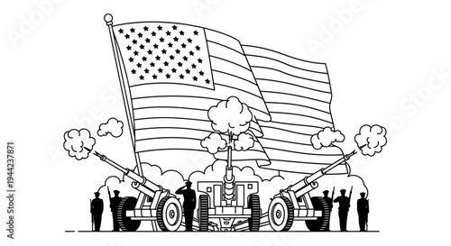 Veterans Day Salute: American Flag, Artillery, and Soldiers in a Patriotic Military Parade