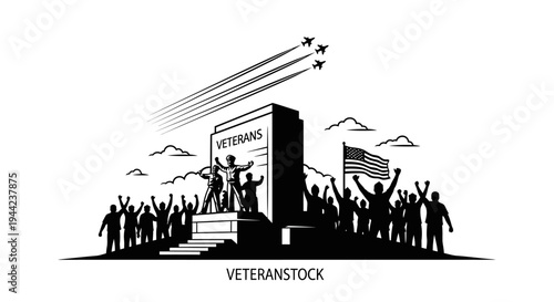 Veterans Memorial Monument with Crowd and Airplanes Flyover, American Flag