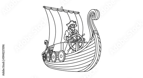 Viking Ship Captain Steering Wheel Sailing Ancient Longship with Dragon Head