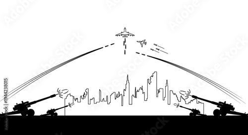 Warfare Silhouette: City Skyline Under Attack by Airplanes and Artillery