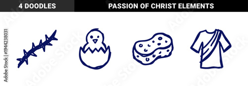 Easter and Passion of Christ religious elements in naive doodle style. Crude marker sketch featuring chick in egg, thorns, robe, and sponge.