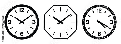 Collection of three distressed clock faces with different shapes and minimal hour markers