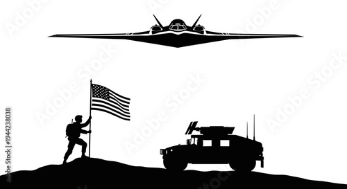 Silhouette of US Soldier Raising Flag with Humvee and Stealth Jet