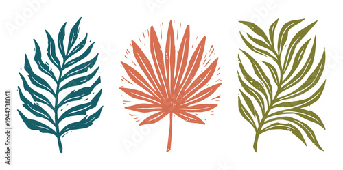 three tropical palm leaves in different colors teal coral green nature elements