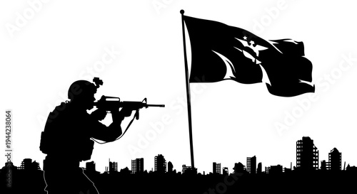 Silhouette Soldier Aiming Rifle Flag Cityscape Background War Conflict Concept