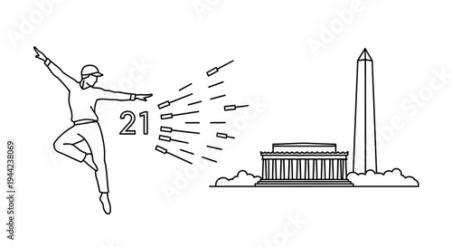 Young person with number 21 launching fireworks towards Washington DC landmarks