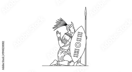 Zulu Warrior Kneeling with Spear and Shield, Traditional African Attire, Ancestral Reverence