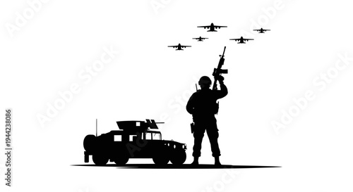 Silhouette Soldier with Humvee and Military Aircraft Flying Overhead
