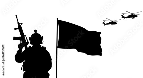 Silhouette Soldier with Rifle and Helicopters Flying by Flag