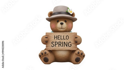 Cute bear holding hello spring sign