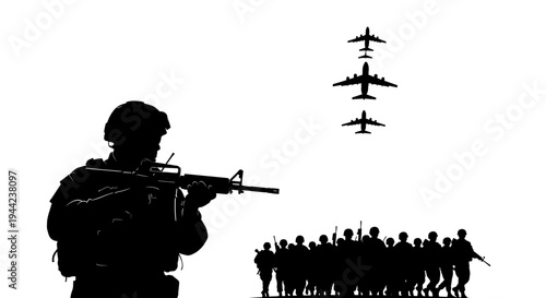 Silhouette Soldier with Rifle and Airplanes in Sky, Military Concept