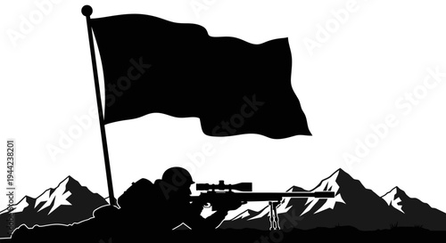 Sniper Soldier Silhouette with Flag and Mountains