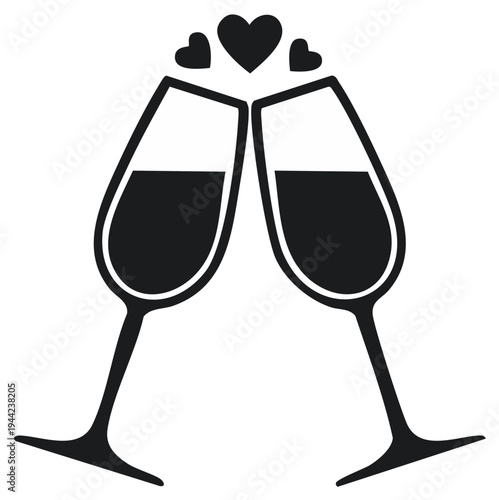 Two champagne glasses clinking with hearts above celebrating romance and love