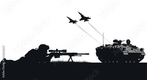 Sniper Soldier, Armored Vehicle, and Fighter Jets in Silhouette - Military Action