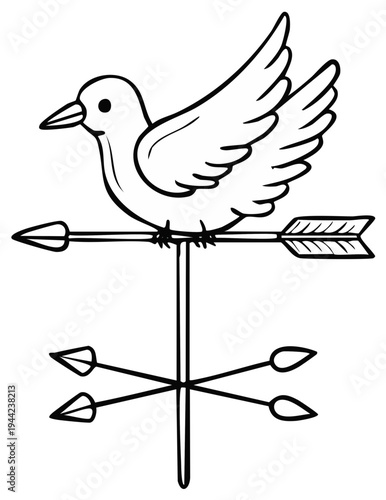 Hand drawn line art illustration of a bird atop a directional arrow weathervane symbol