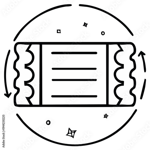 Wrapped candy bar with decorative line work in a circle, vector illustration, isolated on white. Sweet snack icon.