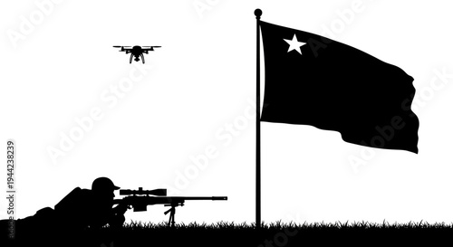 Sniper Soldier, Drone, and Waving Flag Silhouette - Military Surveillance and Conflict Concept