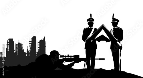 Soldier Aiming Rifle Near Destroyed Cityscape and Ceremonial Guards