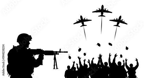 Soldier Aiming Rifle at Crowd as Planes Drop Bombs, War and Conflict Concept