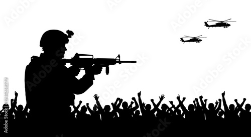 Soldier Aims Rifle Over Crowd, Helicopters Fly Overhead, Silhouette
