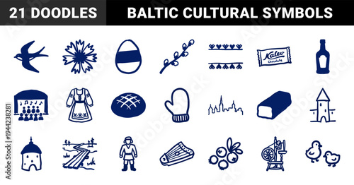 Estonian cultural heritage and folklore symbols in a naive hand-drawn doodle style. Rustic navy blue marker sketches featuring Baltic traditions and nature.