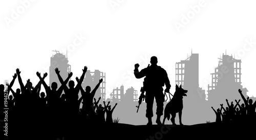 Soldier and Dog in Ruined City with Crowd Celebrating Victory