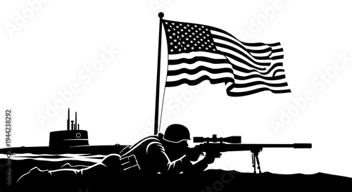 Soldier Aims Rifle Under American Flag with Submarine Silhouette