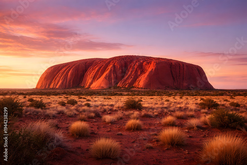 Uluru glowing red orange against vibrant sunset sky
