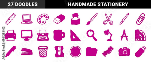 Hand-drawn office and stationery elements with a naive marker sketch aesthetic. Rustic magenta workspace doodles for creative branding and crafts.