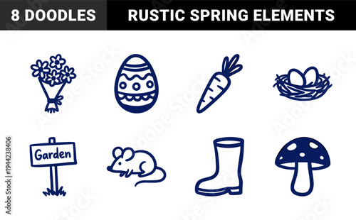 Hand-drawn spring garden and Easter elements for organic brand identity. Rustic, naive marker sketch illustrations featuring seasonal nature concepts.