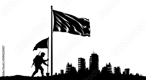 Soldier Raising Flag in Ruined City Silhouette - Victory Over Destruction