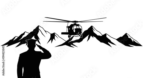 Soldier Salutes Helicopter Flying Over Mountains, Military Service, Patriotism