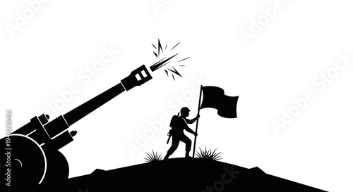 Soldier Planting Flag on Hilltop with Cannon Firing - Victory and Warfare Concept