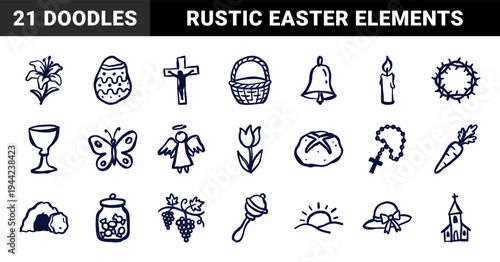 Hand-drawn Easter and Christian religious elements for organic brand identity. Rustic, naive marker sketch illustrations featuring faith and spring concepts.
