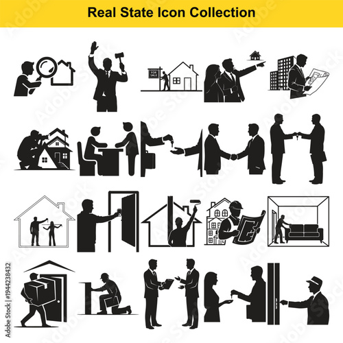 Real Estate Stick Figure Icon Collection – Property Buying, Selling, Construction and Housing Activity Stickman Silhouette Set