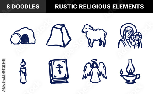 Hand-drawn Christian religious symbols in a rustic naive doodle style. Clumsy marker sketch illustrations for church and faith branding.